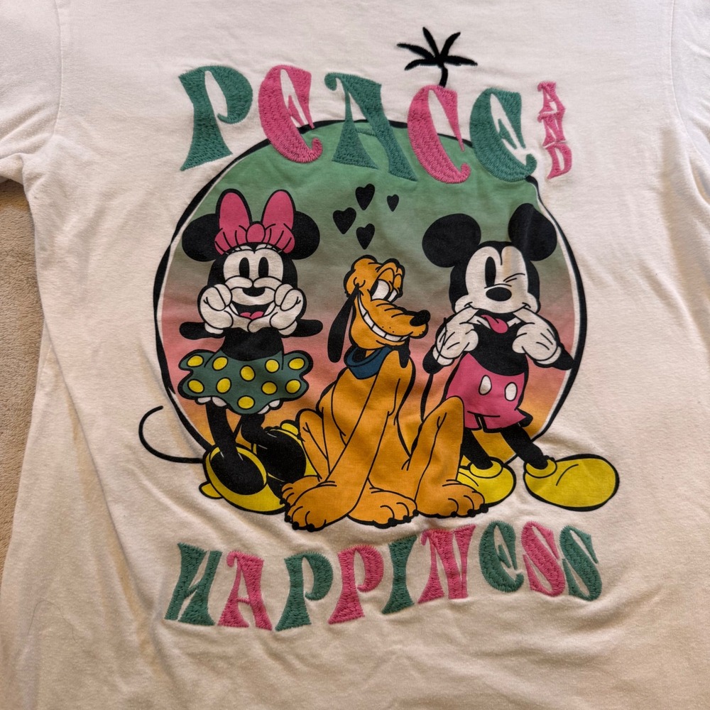 Disney Mickey Mouse Minnie Pluto Peace Happiness Embroidered T-Shirt Sz XS